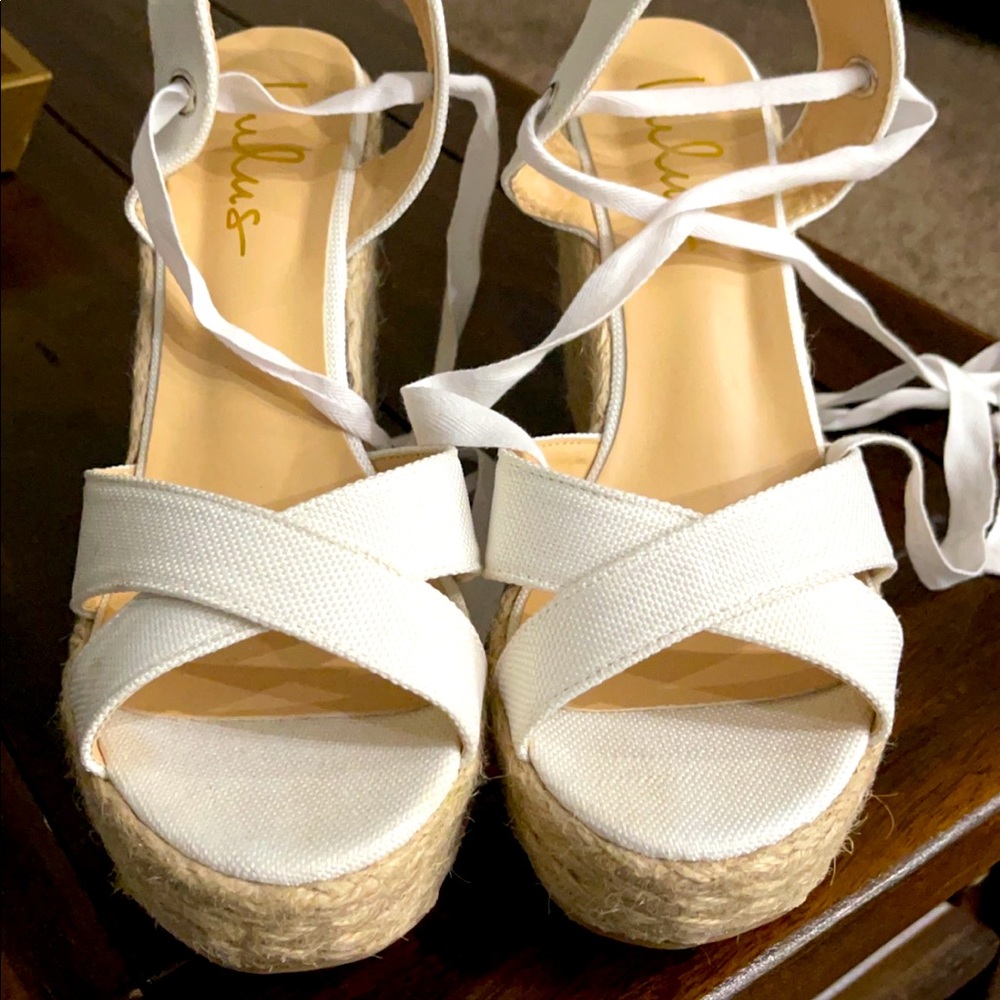 Size 9, super cute lace up wedges, worn once, Lulus wedges. Barely worn.